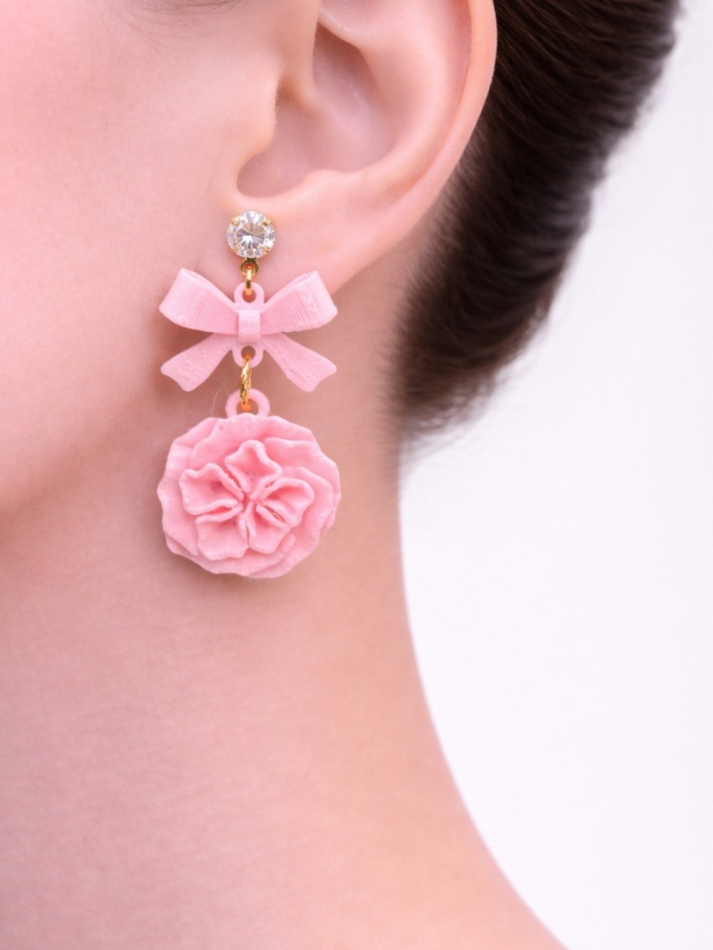 Light Pink Bow & Flower Earrings | Soft Floral Dangle Earrings - Picture 3 of 4